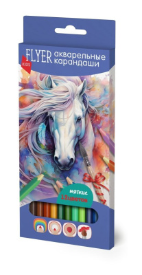 Набор карандашей акварельных FLYER "ЛОШАДЬ" + кисточка, круглая форма, толщина грифеля 3 мм
