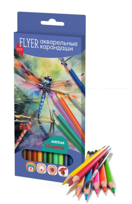 Набор карандашей акварельных FLYER "СТРЕКОЗЫ" + кисточка, круглая форма, толщина грифеля 3 мм