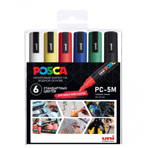 Набор маркеров UNI POSCA PC-5M "Стандартные цвета" 6 шт 1,8-2,5 мм, в пластиковой упаковке