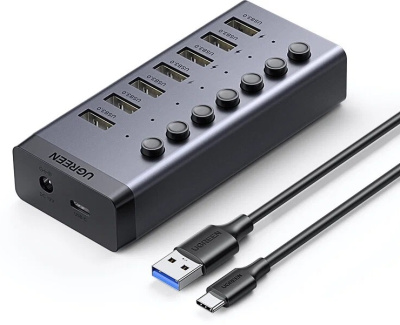 Концентратор USB 3.0 UGREEN CM481 90307 USB Type-C/7-Port USB Type-A 3.0, 12V EU, черный