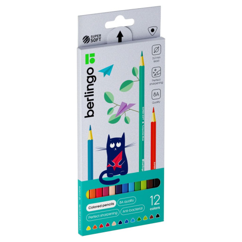 Набор карандашей цветных Berlingo "SuperSoft. Жил-был кот" 12 цв., трехгран., заточен., картон
