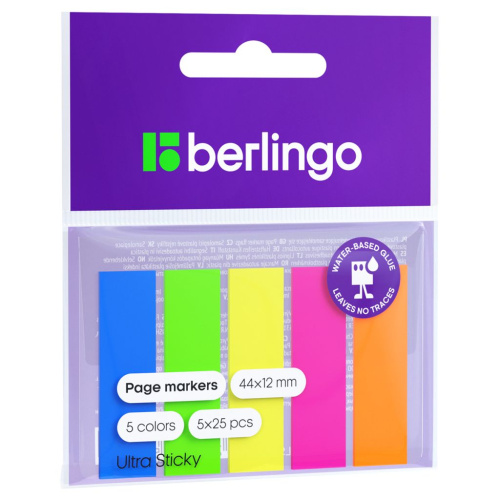 Флажки-закладки Berlingo "Ultra Sticky", 44*12 мм, 25 л*5 неоновых цветов, европодвес