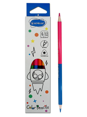 Набор карандашей цветные двусторонние ACMELIAE 6 шт/12 цв. Трехгранные, в картонном футляре