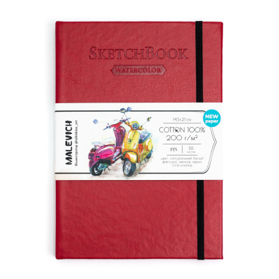 Скетчбук для акварели Малевичъ 14,5х21 см 30 л 200 г, 100% хлопок, красный