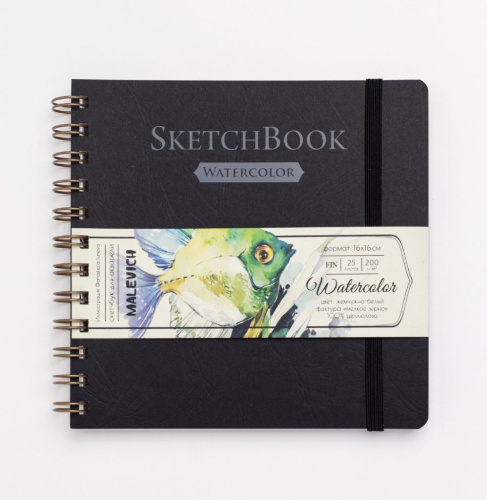 Скетчбук для акварели Малевичъ "White Swan" Fin 16х16 см 25 л 200 г, черный