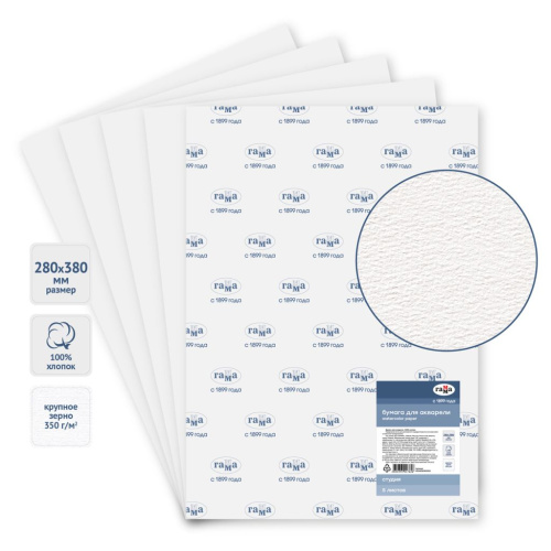 Бумага для акварели Гамма "Студия" 280*380 мм 350 г, крупное зерно, 100% хлопок
