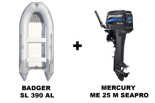 Лодка ПВХ BADGER SL 390 AL + 2х-тактный лодочный мотор MERCURY ME 25 M SEAPRO