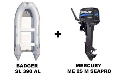 Лодка ПВХ BADGER SL 390 AL + 2х-тактный лодочный мотор MERCURY ME 25 M SEAPRO