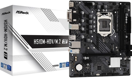 Материнская плата mATX ASRock H510M-HDV/M.2 SE (LGA1200, H470, 2*DDR4 (3200), 4*SATA 6G RAID, M.2, 2*PCIE, Glan, D-Sub, DVI-D, HDMI, 4*USB 3.2, 2*USB