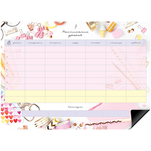 Магнитный планер расписание уроков "Пиши-Стирай. For girl" А4 с маркером