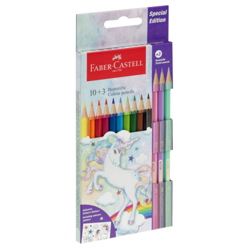 Набор карандашей цветные Faber-Castell "Unicorn" 10 цв., шестигр., заточ.+3 паст. цв., картон, европ