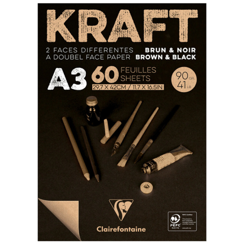 Блокнот-склейка Clairefontaine "Kraft" А3 60 л 90 г, верже, черный/крафт