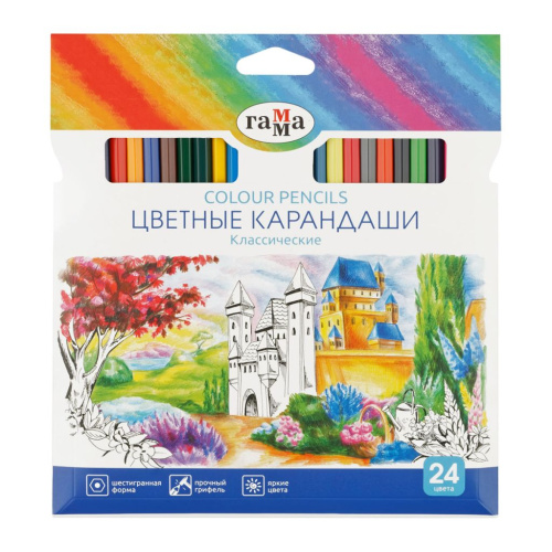 Набор карандашей цветные Гамма "Классические", 24 цв., заточен., картон. упаковка, европодвес