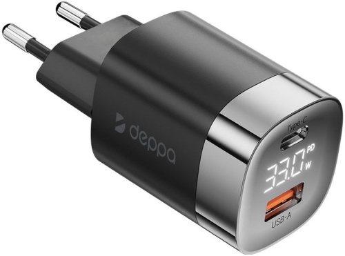 Сетевое зарядное устройство Deppa USB-C + USB-A, PD, 33Вт, дисплей черный