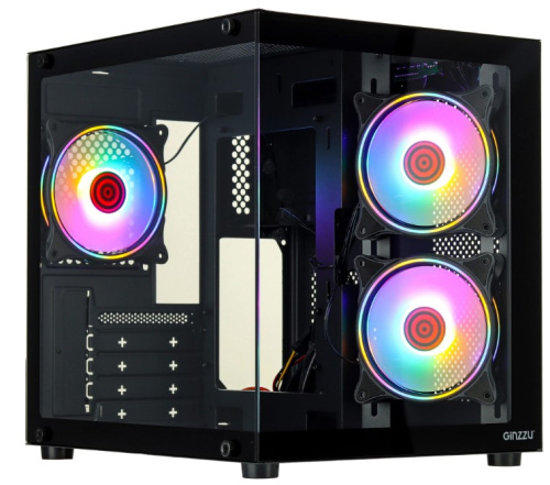 Корпус mATX Ginzzu V150 без БП, боковая и фронтальная панель из закалённого стекла, USB 3.0, USB 2.0