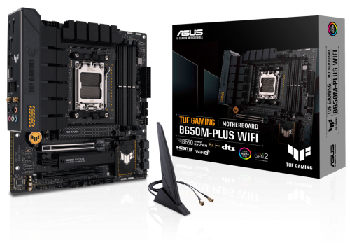 Материнская плата mATX ASUS TUF GAMING B650M-PLUS WIFI (AM5, AMD B650, 4*DDR5 (6400), 4*SATA 6G RAID, 2*M.2, 3*PCIE, 2.5Glan, WiFi, BT, HDMI, DP, USB