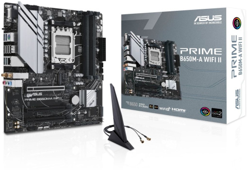 Материнская плата mATX ASUS PRIME B650M-A WIFI II 90MB1EG0-M0EAY0 (AM5, AMD B650, 4*DDR5 (6400), 4*SATA 6G RAID, 2*M.2, 3*PCIE, 2.5Glan, WiFi, BT, HDM