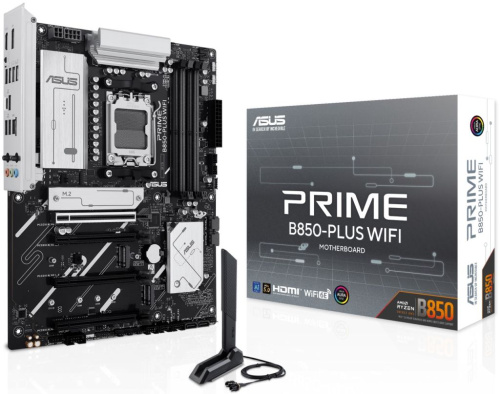 Материнская плата ATX ASUS PRIME B850-PLUS WIFI (AM5, AMD B850, 4*DDR5, 4*SATA, 3*M.2, WiFi, BT, 5*USB 3.2, 2*USB 2.0, USB Type-C, 5*PCIe, DP, HDMI)