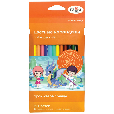 Набор карандашей цветных Гамма "Оранжевое солнце", 12 цв. (6 классич. + 6 пастельных), заточен., кар