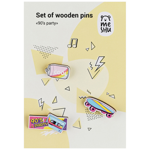 Набор деревянных значков MESHU "90's party", прямая УФ-печать, 3шт.