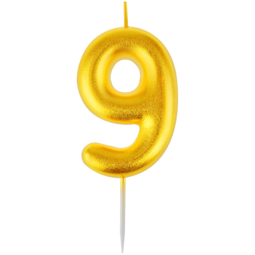 Свеча для торта с держателем MESHU "Цифра 9", 6 см, золотая, блистер