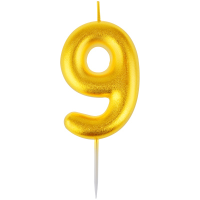 Свеча для торта с держателем MESHU "Цифра 9", 6 см, золотая, блистер