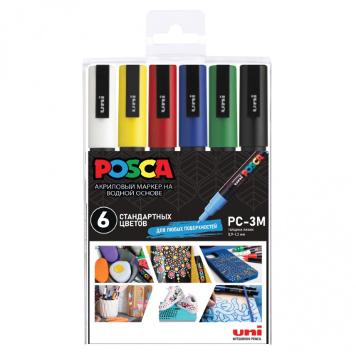 Набор маркеров UNI POSCA PC-3M "Стандартные цвета" 6 шт 0,9-1,3 мм, в пластиковой упаковке