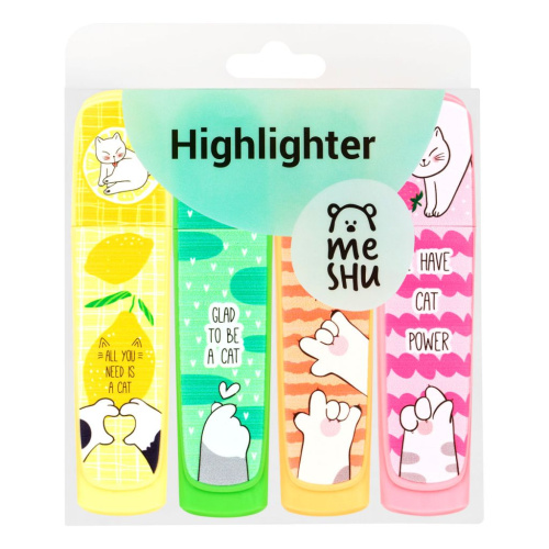 Набор текстовыделителей MESHU "Cat s paw" 4 цв., неоновые цвета, 1-5 мм, ПВХ бокс с европодвесом