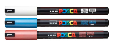 Набор маркеров POSCA PC-1M, 3 шт,R, белый/красный металлик/синий металлик, в блистере