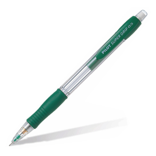 Карандаш механический Pilot "Super Grip" 0,5 мм с ластиком, зеленый корпус, прорезиненный