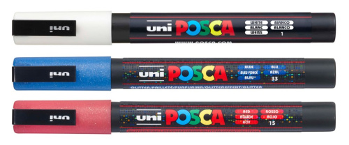 Набор маркеров POSCA PC-3M, 3 шт, белый/красный с блестками/синий с блестками, в блистере