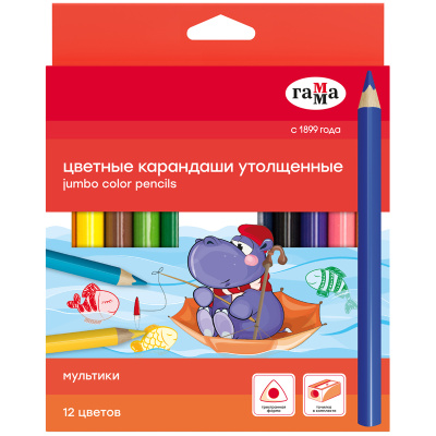 Набор карандашей цветных Гамма "Мультики" 12 цв., утолщ., заточен., картон, европодвес