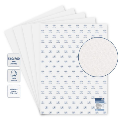 Бумага для акварели Гамма "Студия" 560*760 мм 5 л, 350 г, среднее зерно, 100% хлопок