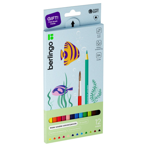 Набор карандашей акварельные Berlingo "SuperSoft. Рыбки", 12 цв.+кисть, трехгран., заточен., картон,