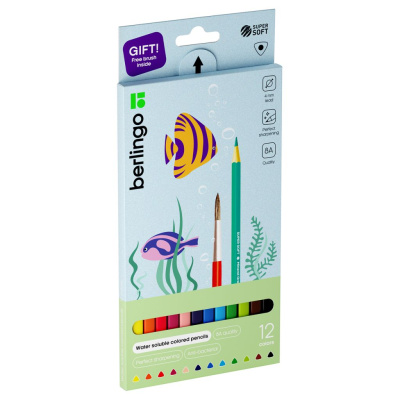 Набор карандашей акварельные Berlingo "SuperSoft. Рыбки", 12 цв.+кисть, трехгран., заточен., картон,