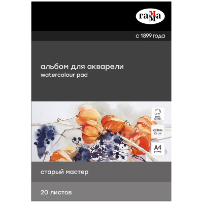Альбом-склейка для акварели Гамма "Старый Мастер" А4 20л 300г сатин 100% хлопок