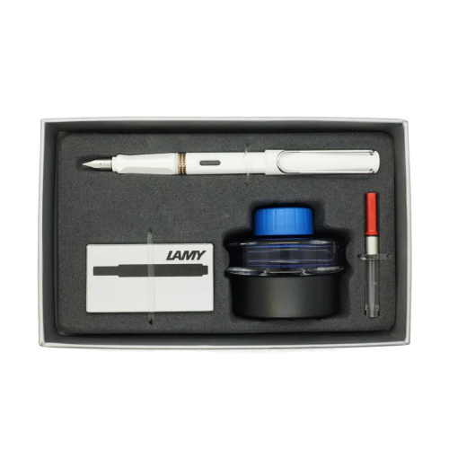 Набор ручка перьевая LAMY Safari, F корпус белый+ картридж черный+ чернила син.+ конвертер