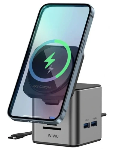 Беспроводное зарядное устройство WIWU Cube Hub 9 в1 Docking 100W Type-C/PD3.0/USB3.0х3/HDMI/RJ45/SD/TF (Wi-W025) (серый)