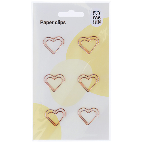 Скрепки фигурные 27 мм Meshu "Hearts" 6 шт., пакет с европодвесом