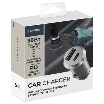 Автомобильное зарядное устройство Deppa (11212) Car Charger USB/Type-C/38W (серебристый)