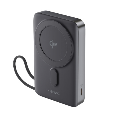 Внешний аккумулятор Deppa NRG Qi2 MagSafe 10000mAh 15W/LED-дисплей, подставка (33701) (серый)