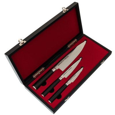 Набор из 3-х кухонных ножей Samura Mo-V в подарочной коробке  "Поварская тройка", сталь AUS-8, рукоять G10