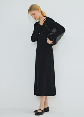 Вязаное платье с воротником поло на пуговицах, Черный