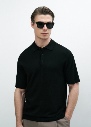 Вязаное поло с коротким рукавом, Черный