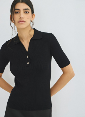 Джемпер в рубчик с воротником-поло, Черный