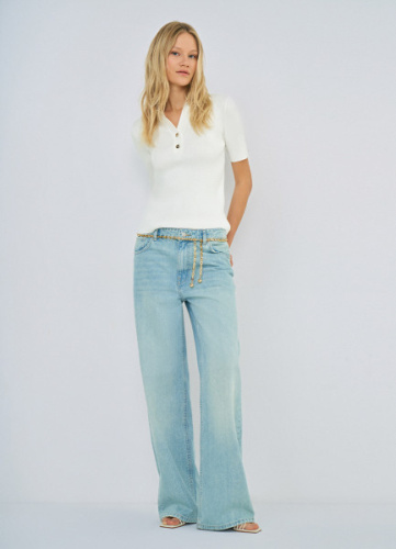 Джемпер в рубчик с воротником-поло, Белый