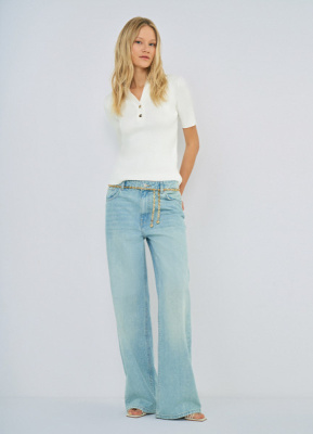 Джемпер в рубчик с воротником-поло, Белый