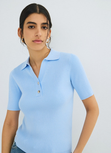 Джемпер в рубчик с воротником-поло, Голубой