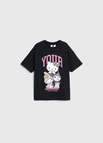 Футболка с принтом Hello Kitty для девочек, Черный