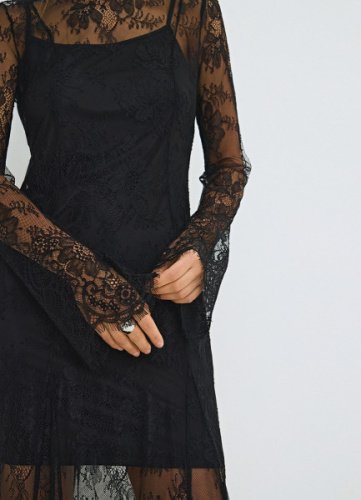 Кружевное платье с длинными рукавами, Черный
